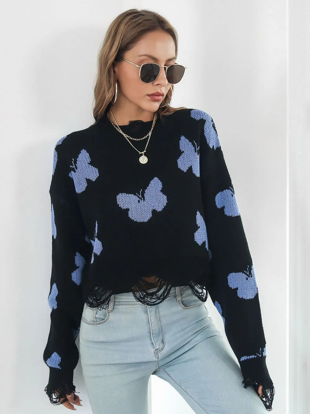 Butterfly Distressed Cropped Jumper