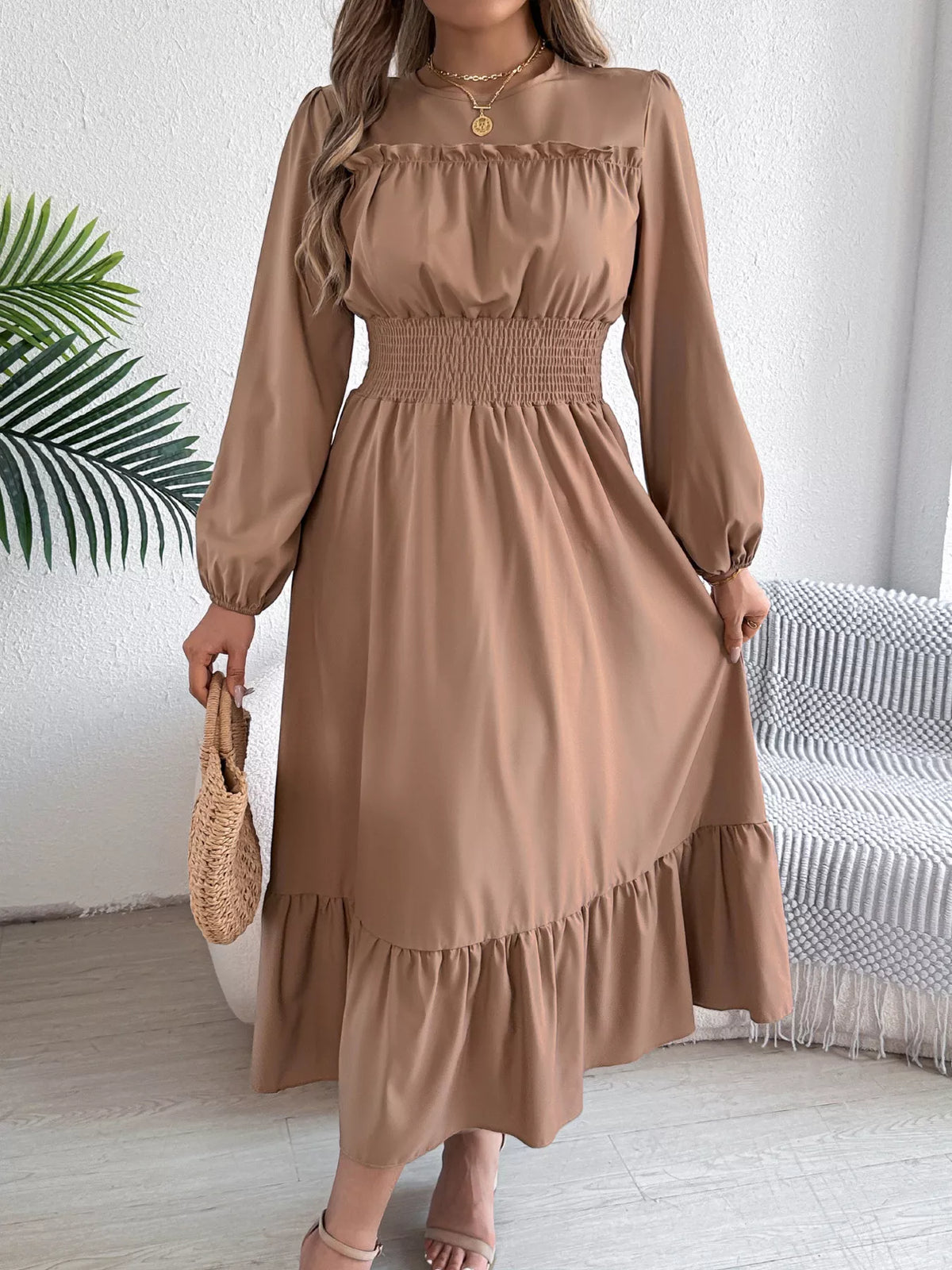 Balloon-Sleeve Tiered Smocked Maxi Dress