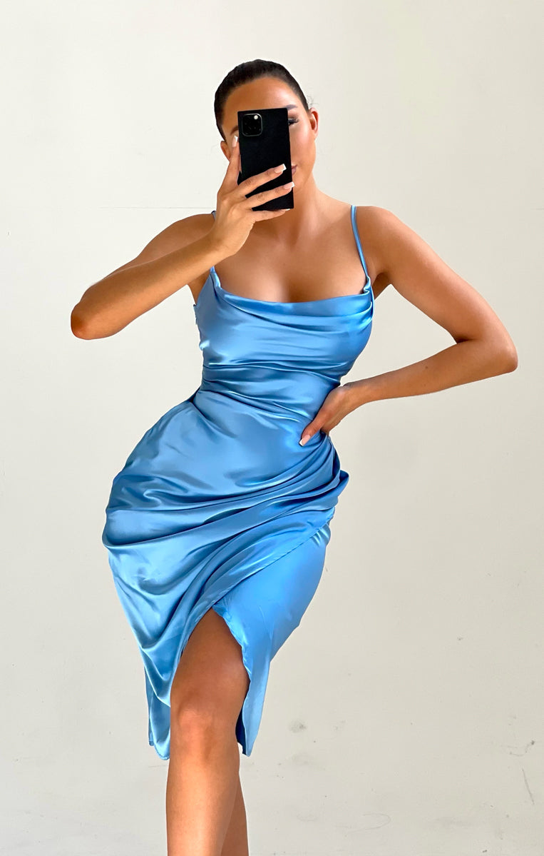 Satin Cowl Neck Asymmetric Split Bodycon Midi Dress