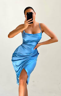 Satin Cowl Neck Asymmetric Split Bodycon Midi Dress