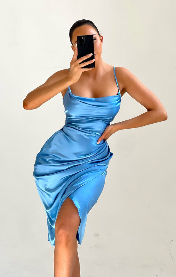 Satin Cowl Neck Asymmetric Split Bodycon Midi Dress