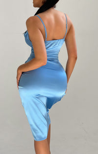 Satin Cowl Neck Asymmetric Split Bodycon Midi Dress