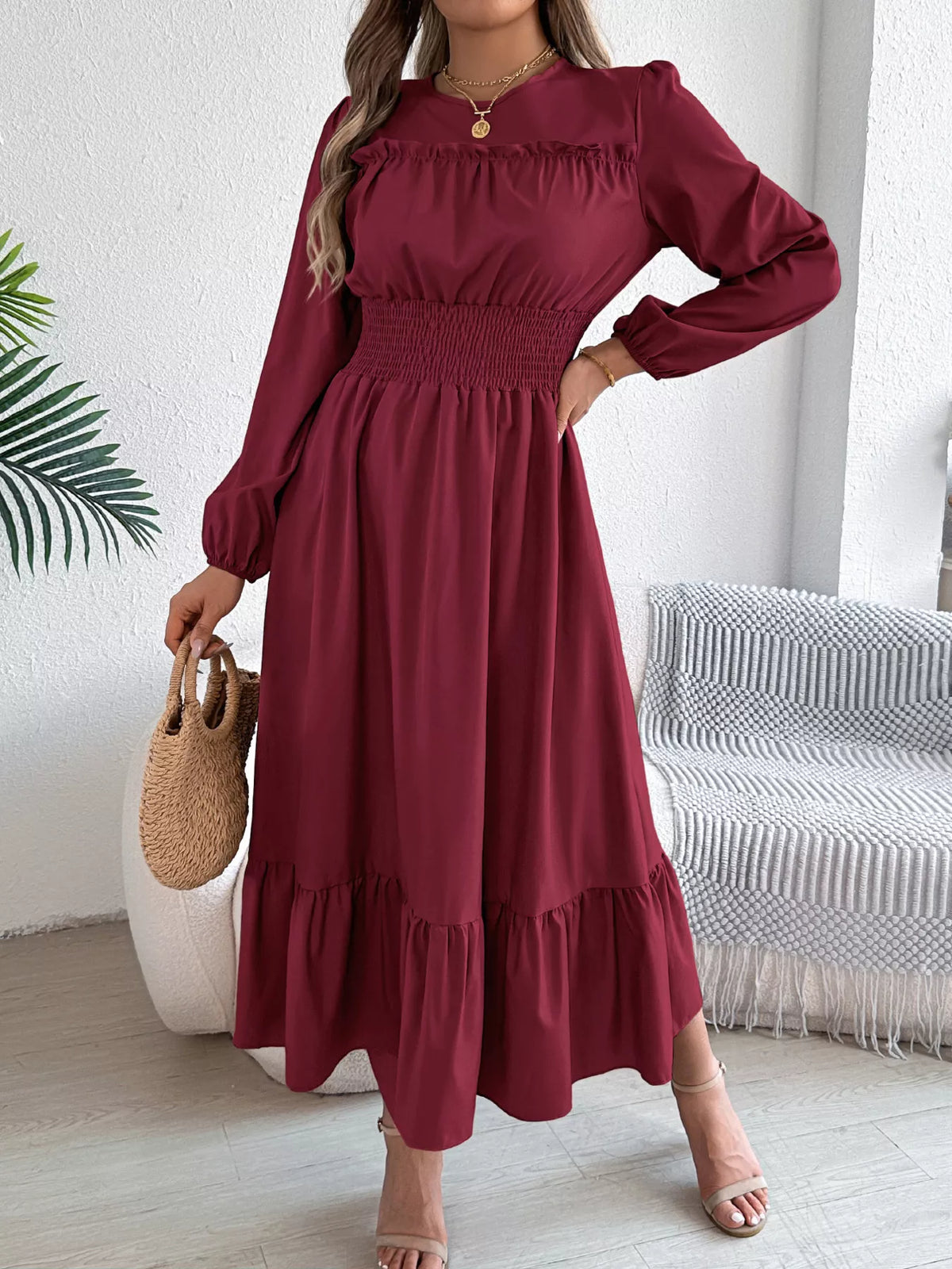 Balloon-Sleeve Tiered Smocked Maxi Dress