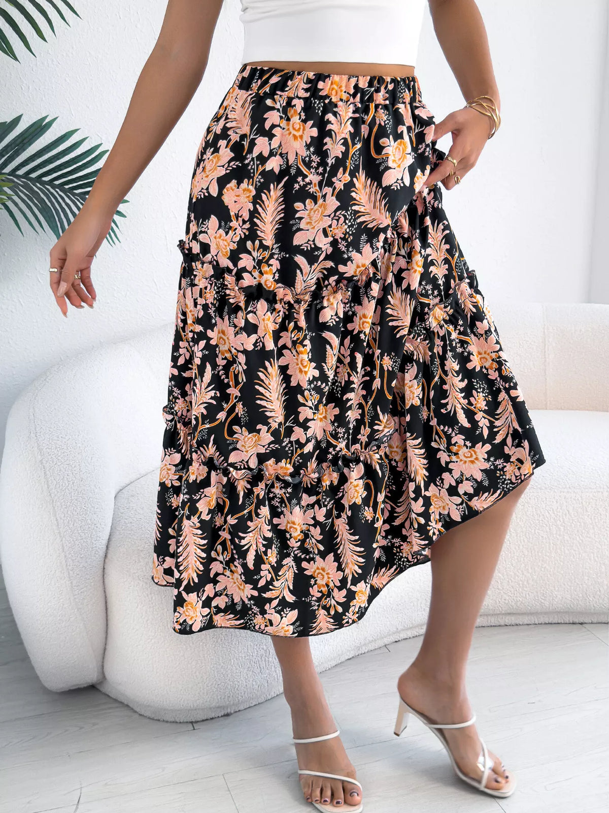 Midnight Floral Ruffle-Hem Midi Skirt