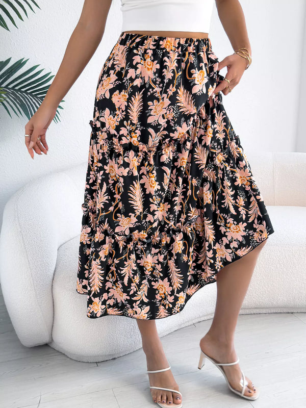 Midnight Floral Ruffle-Hem Midi Skirt